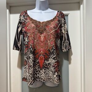 One World Bohemian Print Top with Red and Black Accents Size PL Y2K Hippie Beads